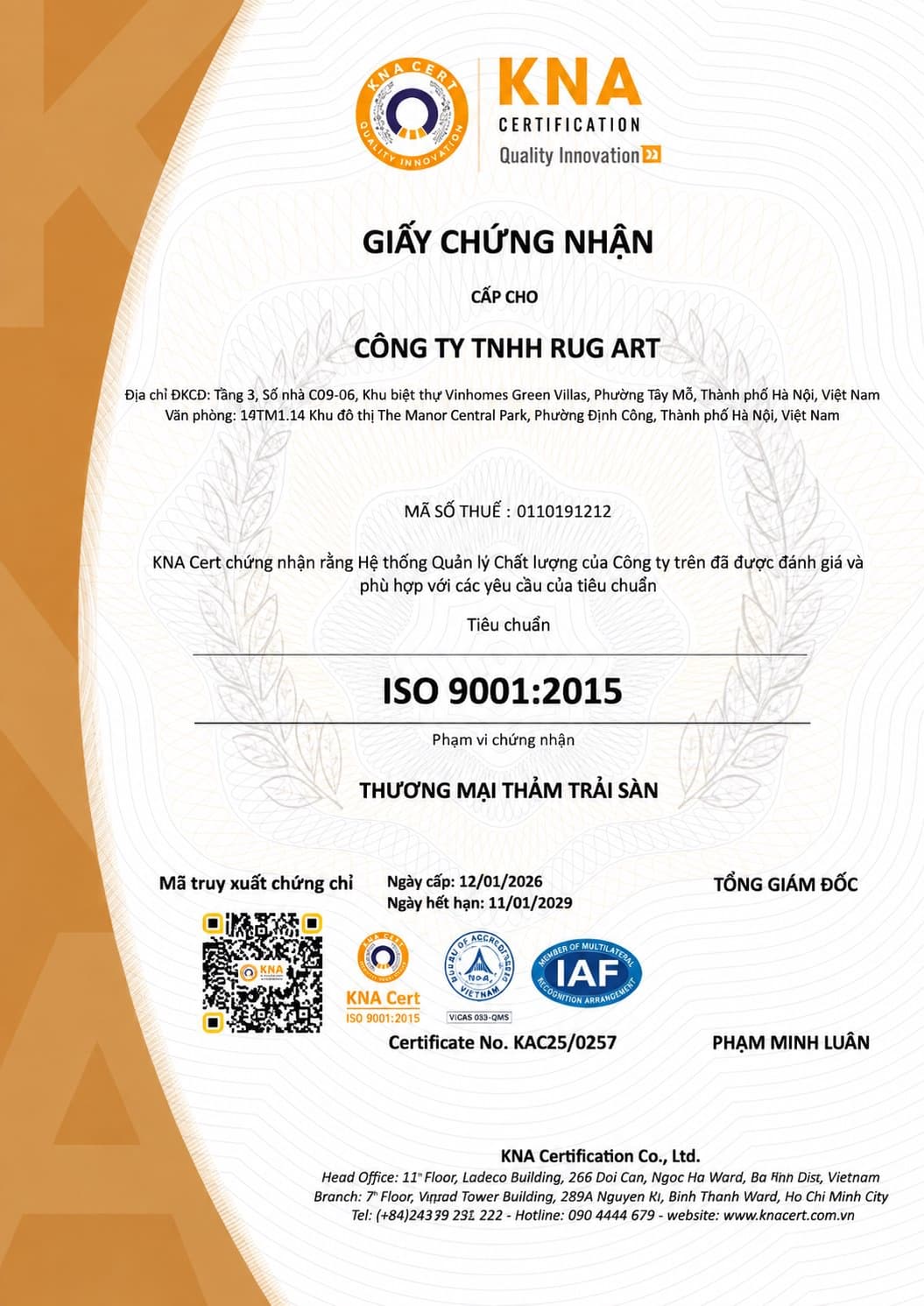 Giấy chứng nhận ISO 9001:2015 của Công ty TNHH Rug Art